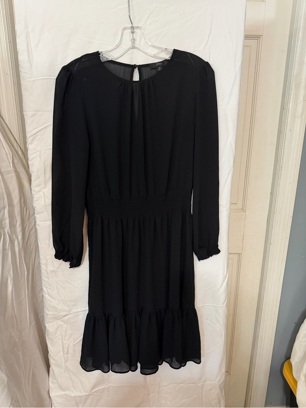 J. Crew Black Long-Sleeve Midi Dress with Smocked Waist